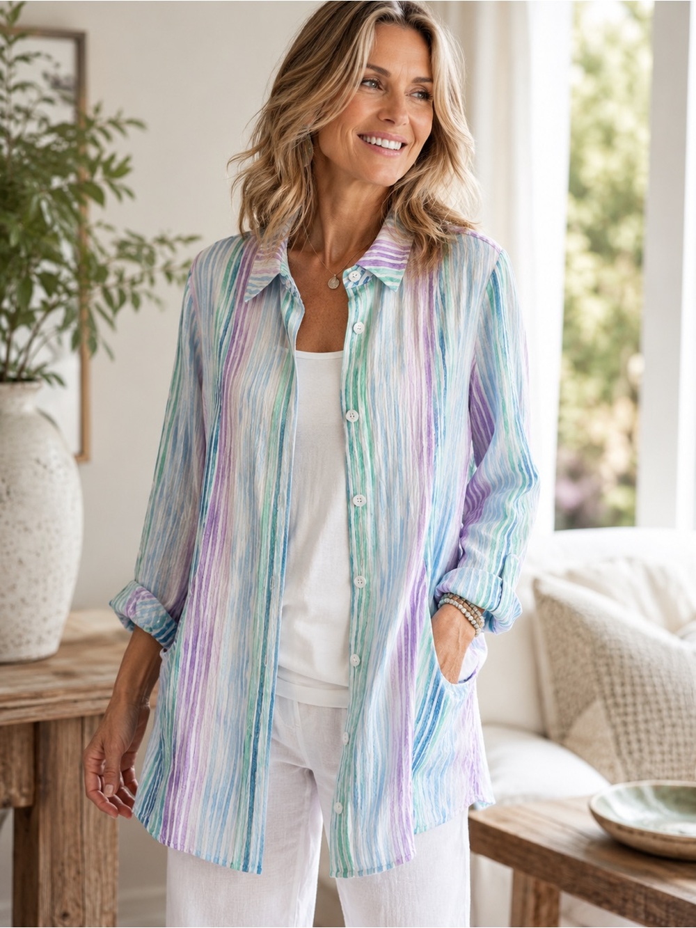 Soft Surroundings Ramie Rayon Crinkle Gauze Tunic Shirt Striped Large Boho